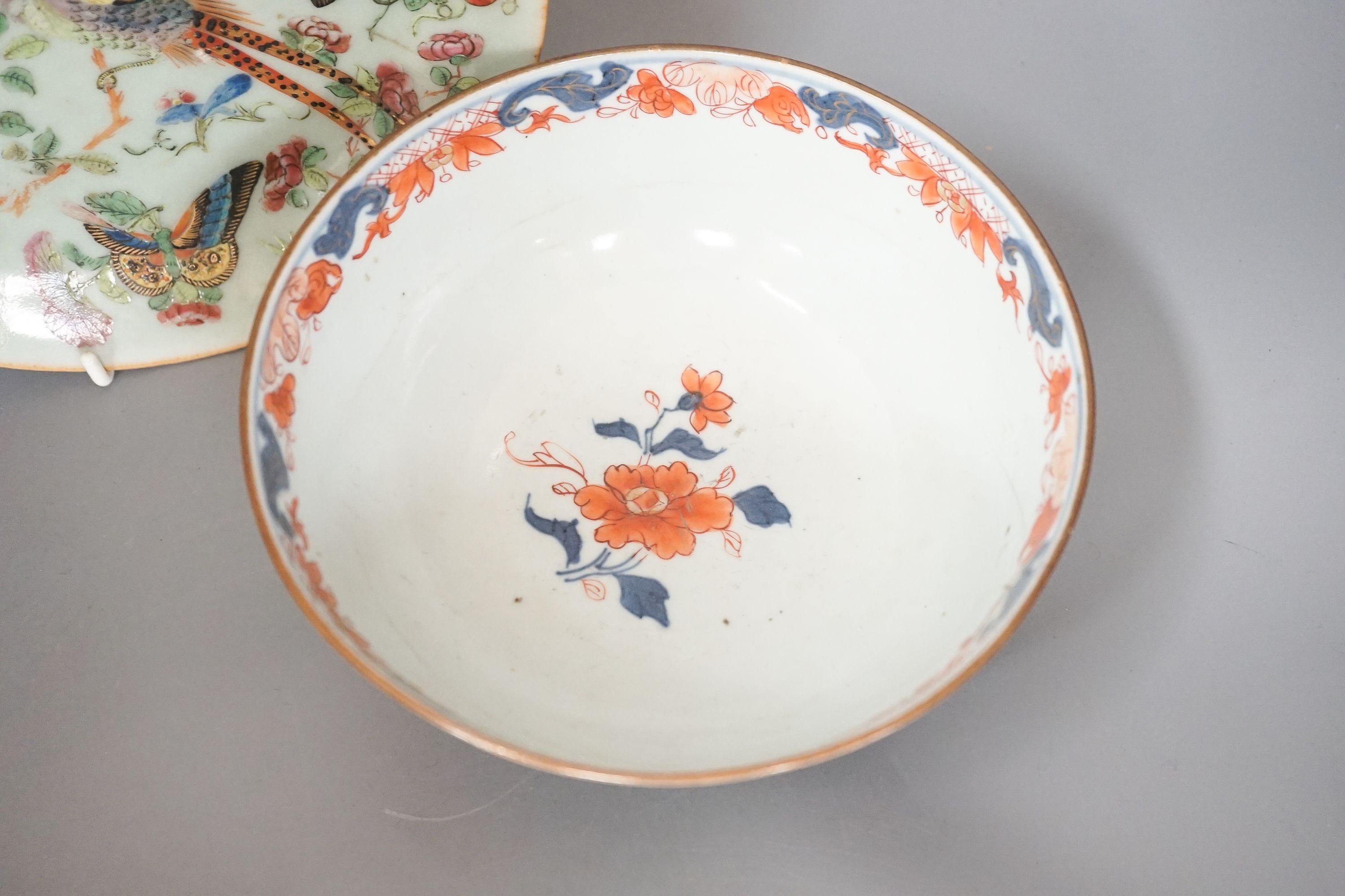 Two 18th century Chinese export porcelain bowls, a 19th century canton decorated dish, 19.5cm and a later ewer (4)